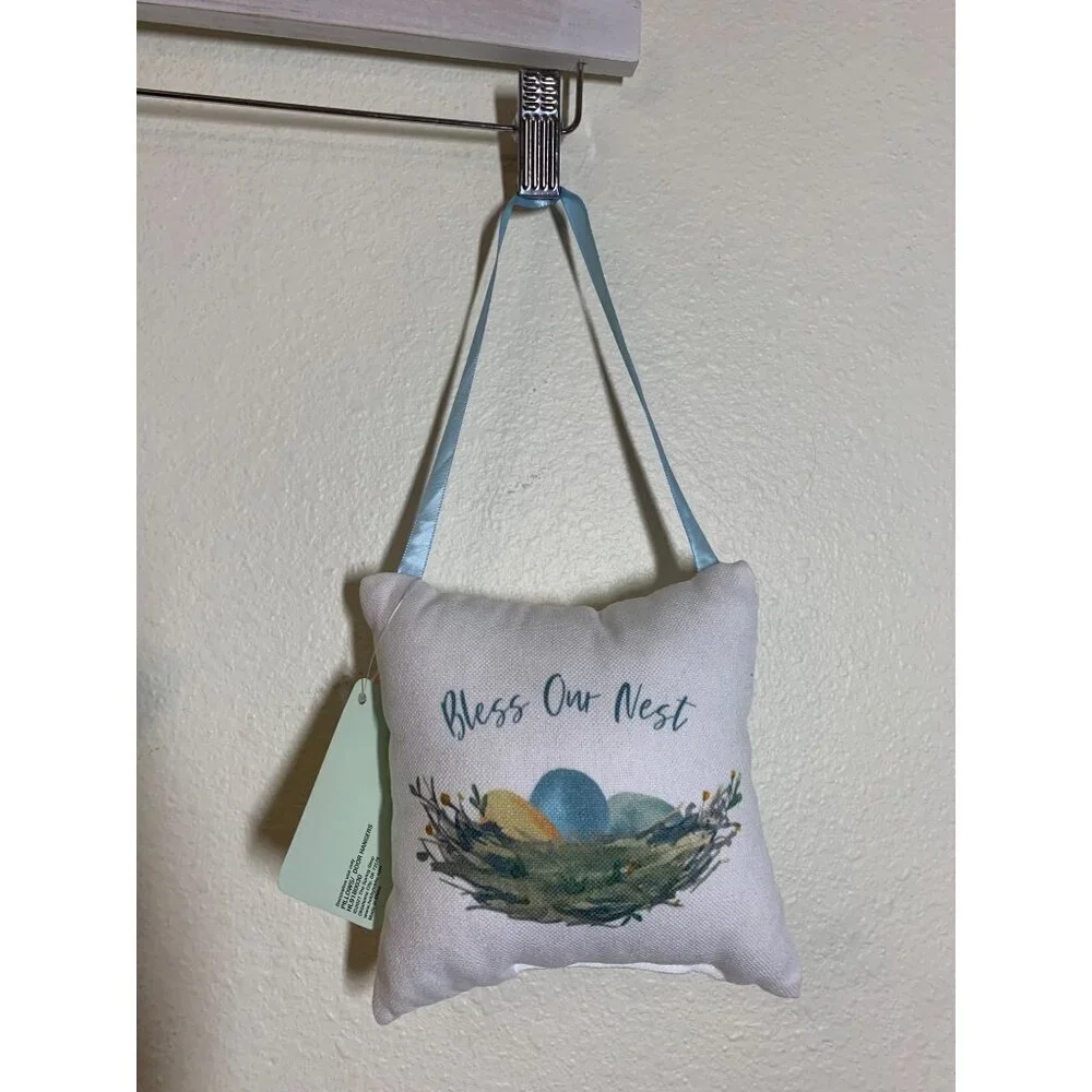 NWT “Bless Our Nest” 6” Pillow Decor Eggs Easter Spring Summer Decor Love Birds